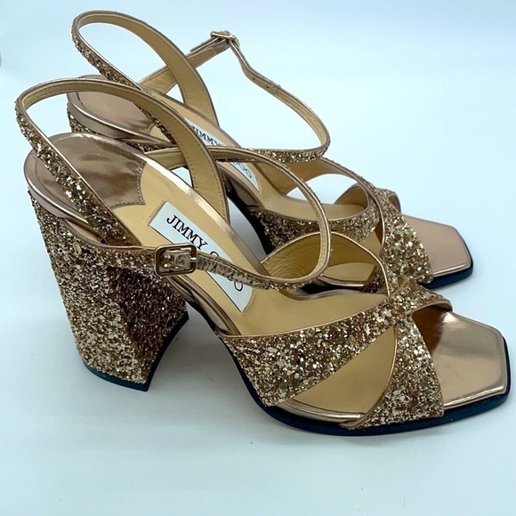 Jimmy Choo Gold Metallic glitter Joya Block heel strappy sandals 38 - Picture 7 of 7